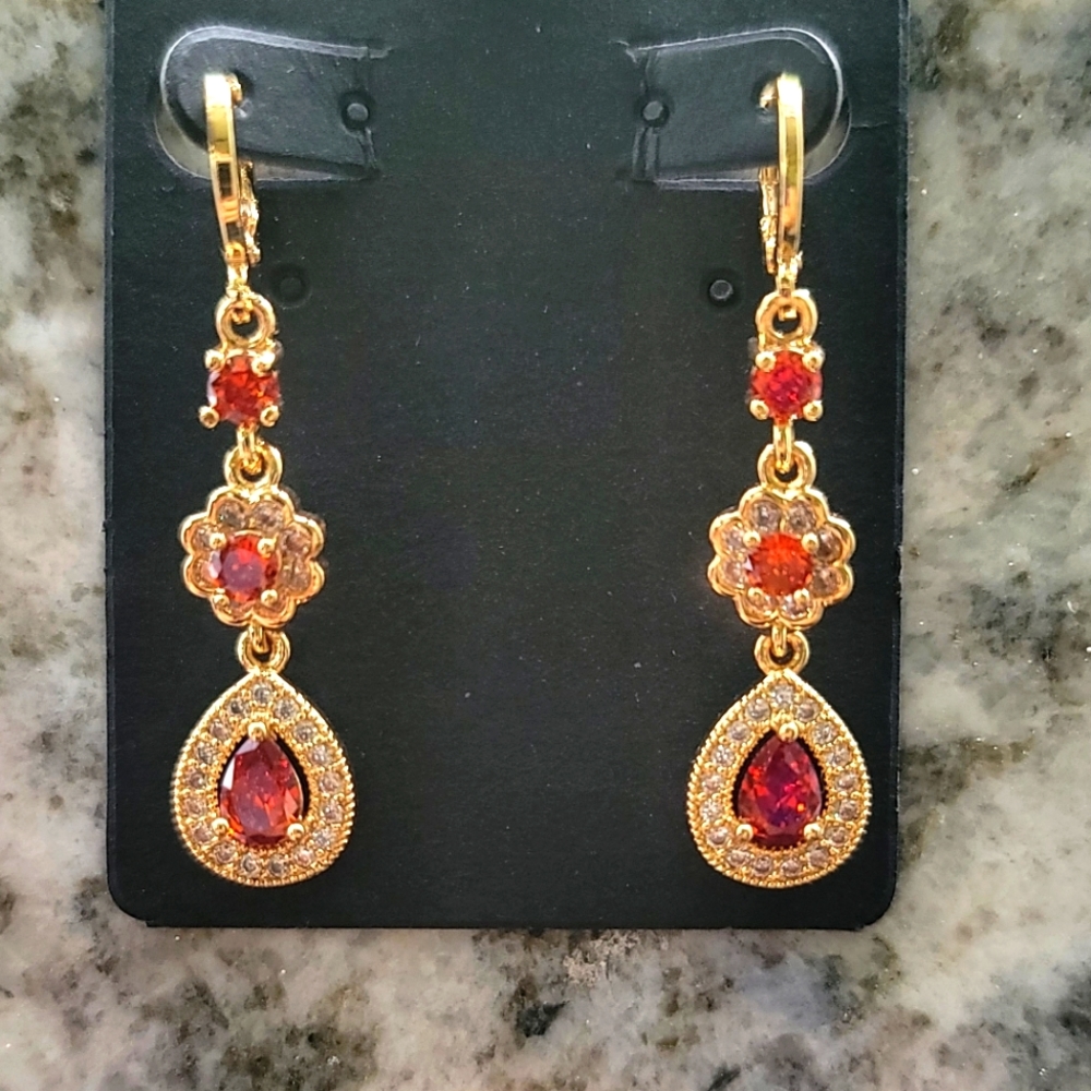 Elegant Red Drop Earrings - Plated Gold- New